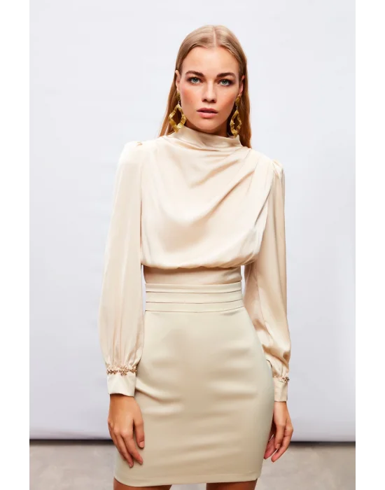 Bel Detaylı Mini Saten Etek - Bej