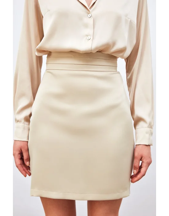 Bel Detaylı Mini Saten Etek - Bej
