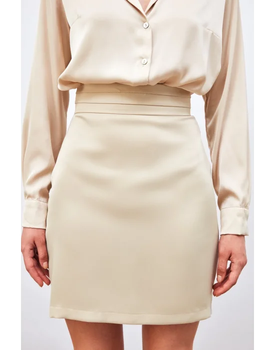 Bel Detaylı Mini Saten Etek - Bej