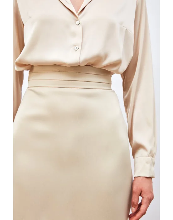 Bel Detaylı Mini Saten Etek - Bej