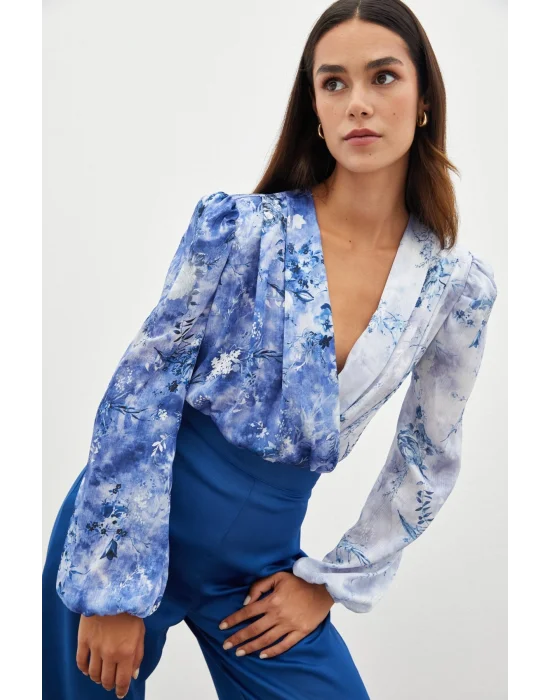 Çiçek Desenli Bodysuit Bluz - İNDİGO
