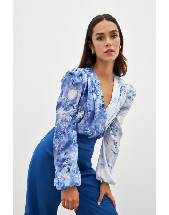 Çiçek Desenli Bodysuit Bluz - İNDİGO