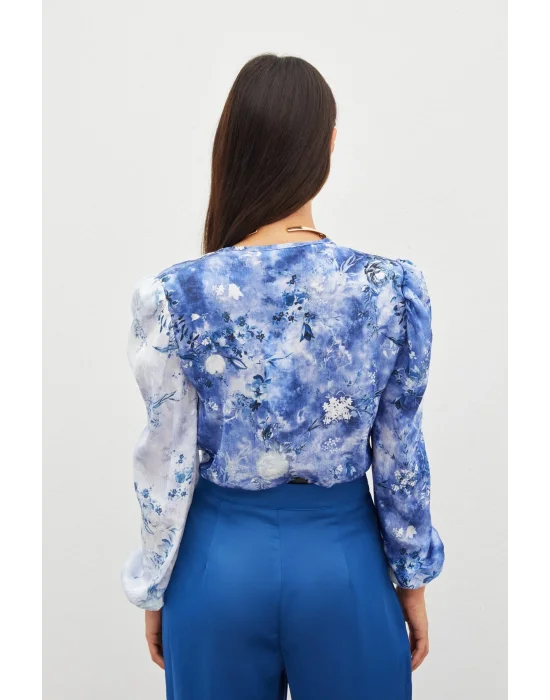 Çiçek Desenli Bodysuit Bluz - İNDİGO