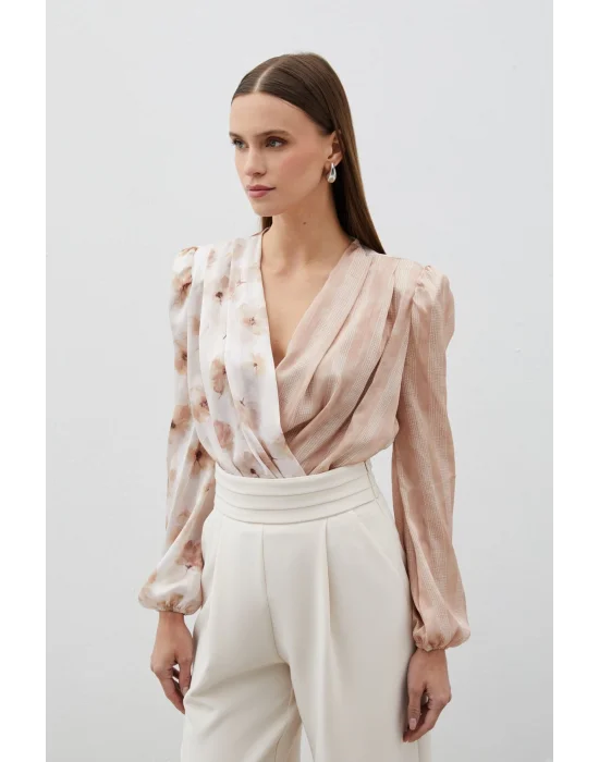 Çift Desenli Kruvaze Bodysuit Bluz - VİZON