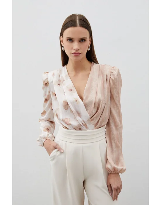 Çift Desenli Kruvaze Bodysuit Bluz - VİZON