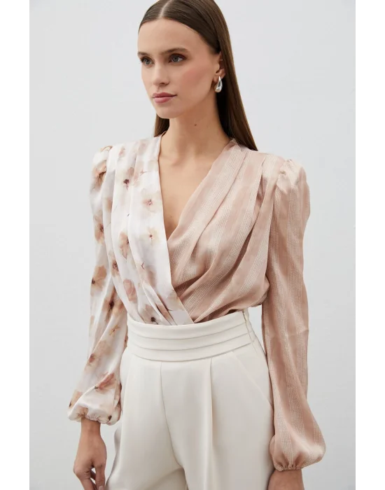 Çift Desenli Kruvaze Bodysuit Bluz - VİZON