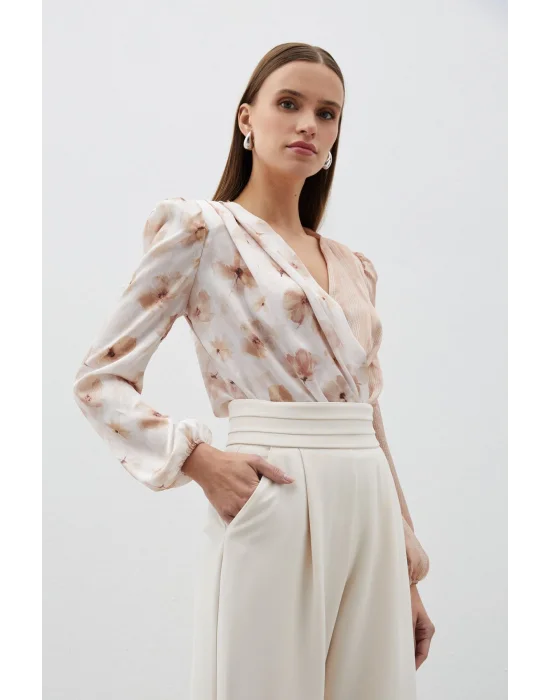 Çift Desenli Kruvaze Bodysuit Bluz - VİZON