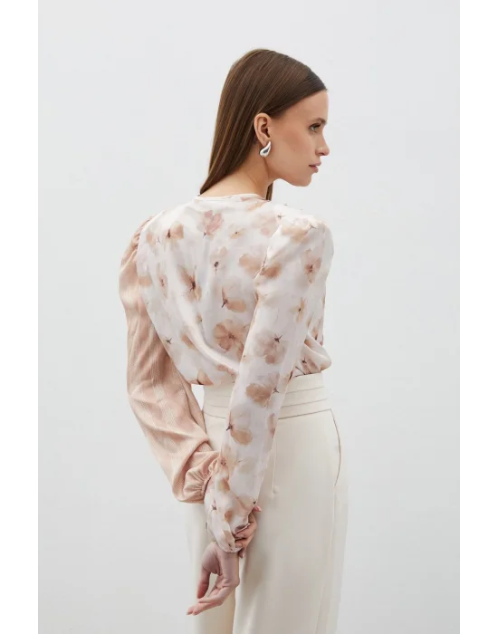 Çift Desenli Kruvaze Bodysuit Bluz - VİZON