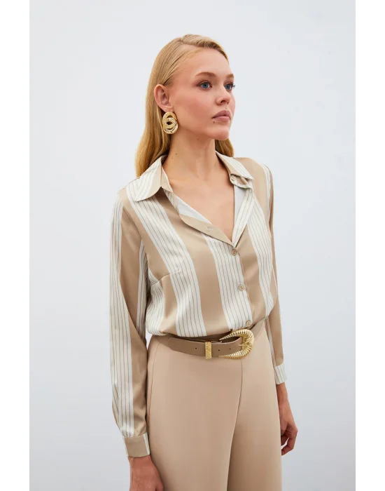 Çizgi Desenli Gömlek - Bej