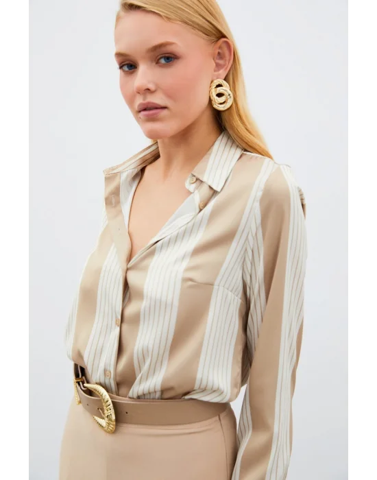 Çizgi Desenli Gömlek - Bej