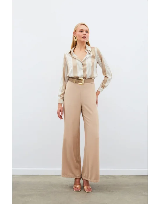 Çizgi Desenli Gömlek - Bej