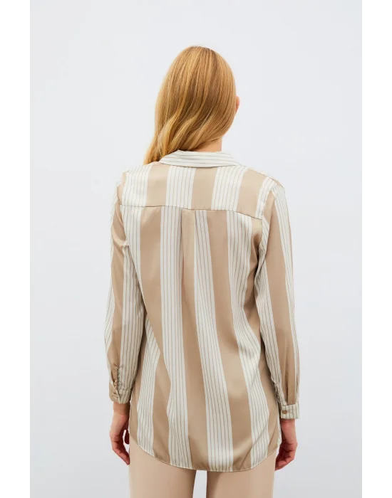 Çizgi Desenli Gömlek - Bej
