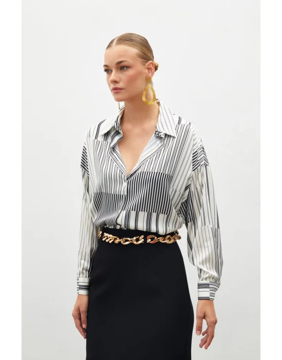 Çizgili Düz Gömlek - Siyah