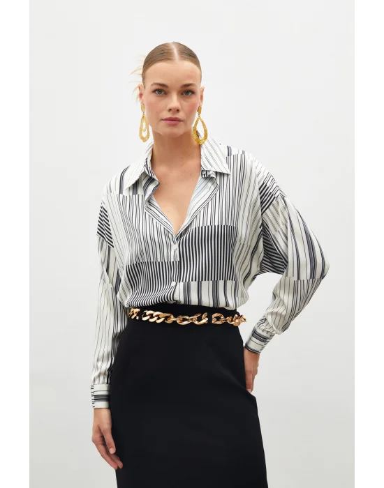 Çizgili Düz Gömlek - Siyah