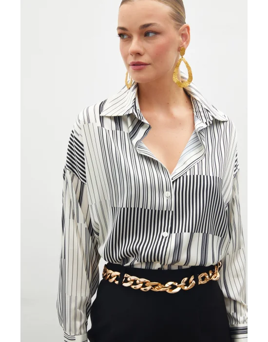 Çizgili Düz Gömlek - Siyah