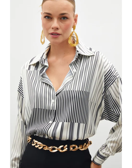 Çizgili Düz Gömlek - Siyah