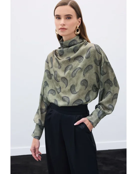 Degaje Yaka Desenli Bluz - Haki