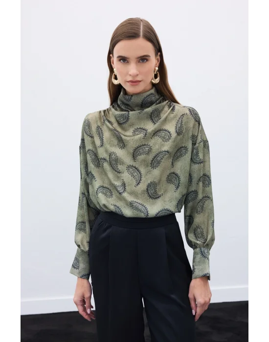 Degaje Yaka Desenli Bluz - Haki
