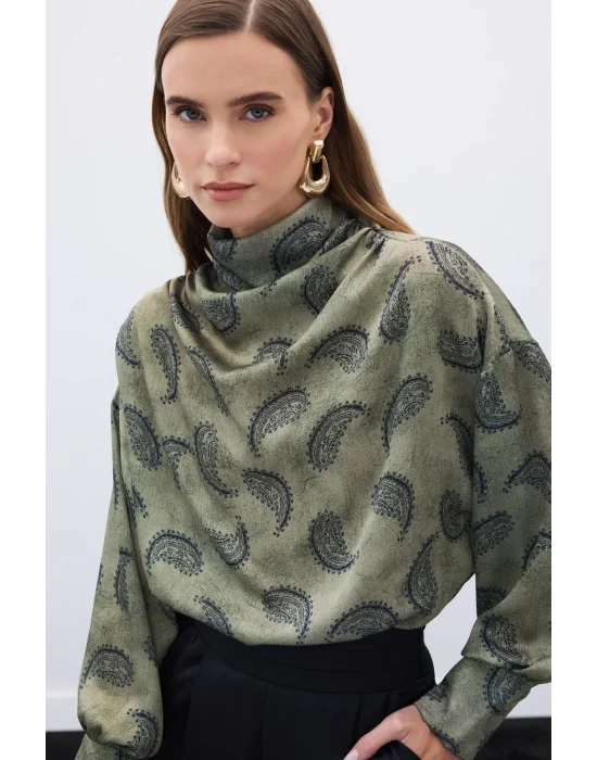 Degaje Yaka Desenli Bluz - Haki