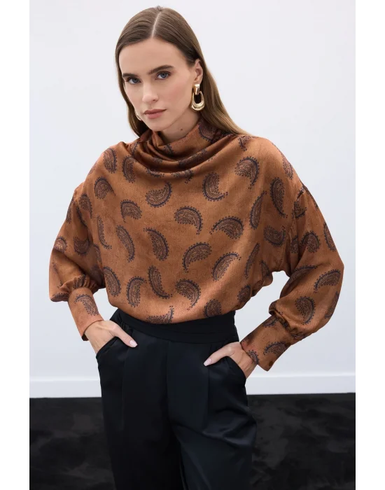 Degaje Yaka Desenli Bluz - Kahve