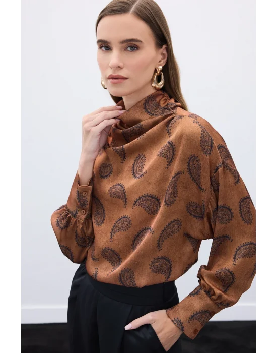 Degaje Yaka Desenli Bluz - Kahve
