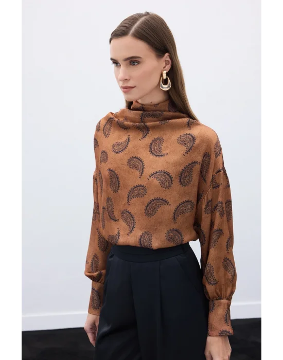 Degaje Yaka Desenli Bluz - Kahve