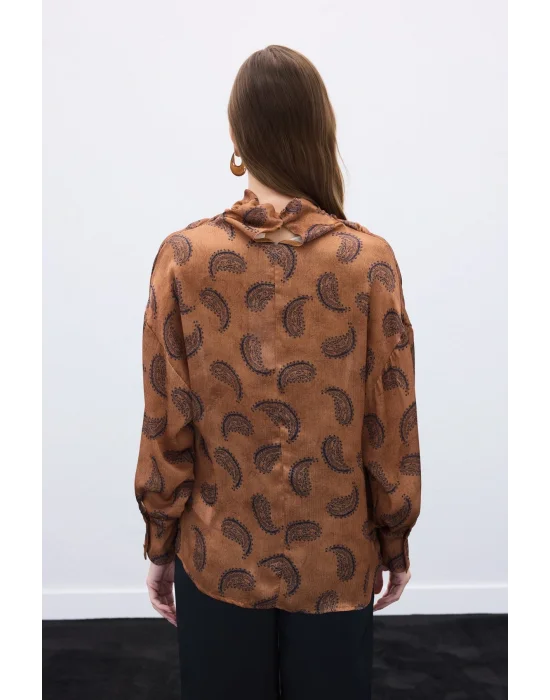 Degaje Yaka Desenli Bluz - Kahve