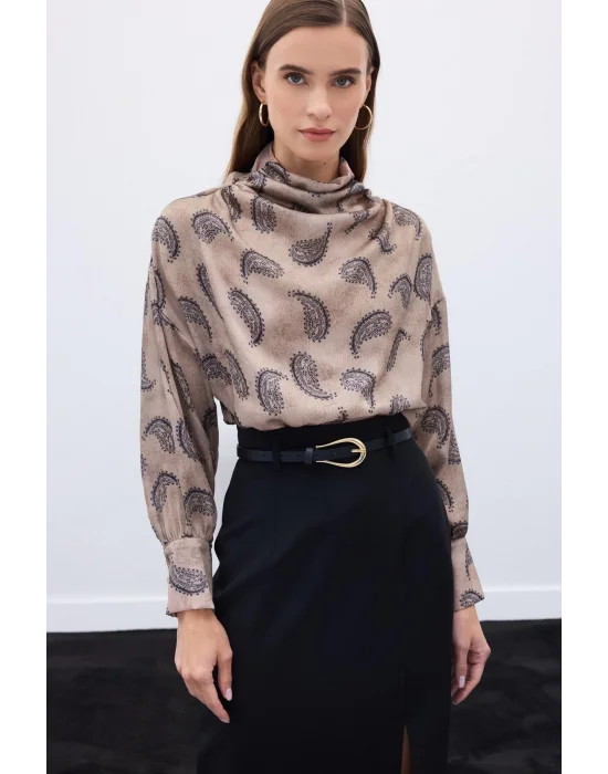 Degaje Yaka Desenli Bluz - Vizon