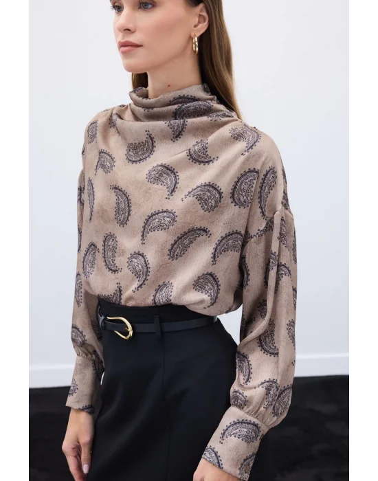 Degaje Yaka Desenli Bluz - Vizon