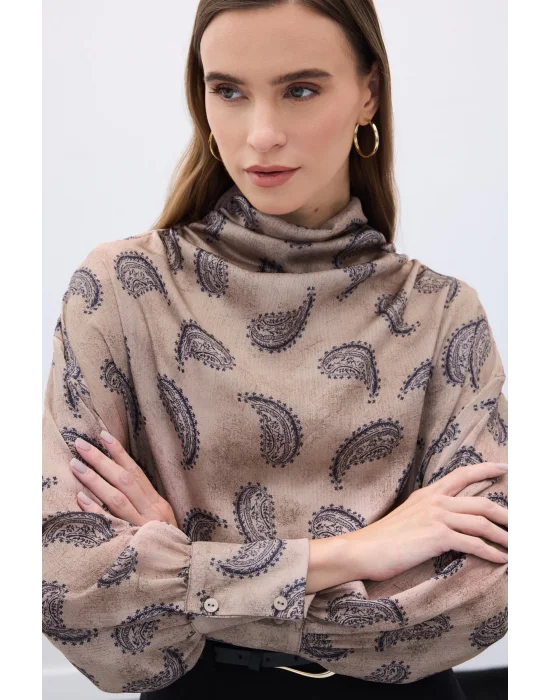 Degaje Yaka Desenli Bluz - Vizon