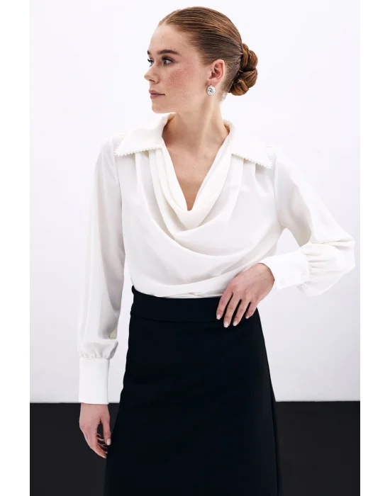 Degaje Yaka İncili Salaş Bluz - Ekru