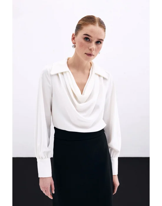 Degaje Yaka İncili Salaş Bluz - Ekru