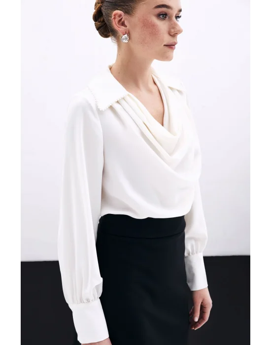 Degaje Yaka İncili Salaş Bluz - Ekru