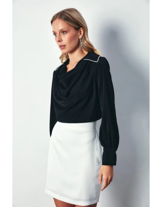 Degaje Yaka İncili Salaş Bluz - SİYAH