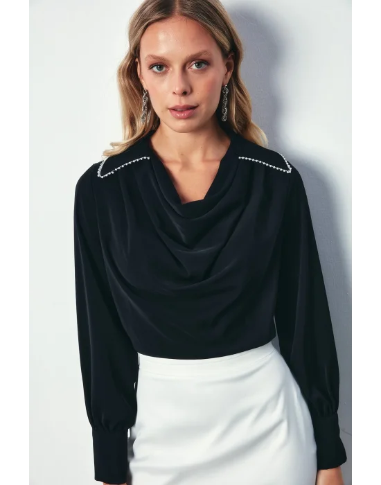 Degaje Yaka İncili Salaş Bluz - SİYAH