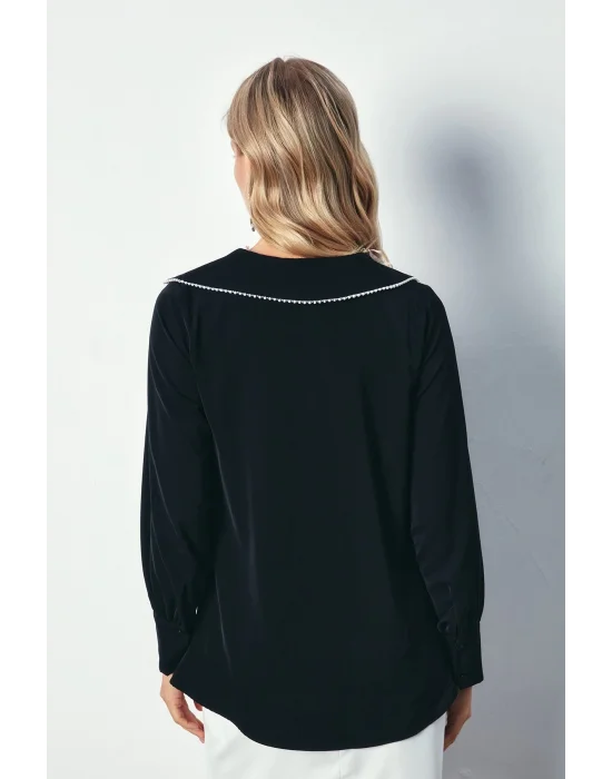 Degaje Yaka İncili Salaş Bluz - SİYAH