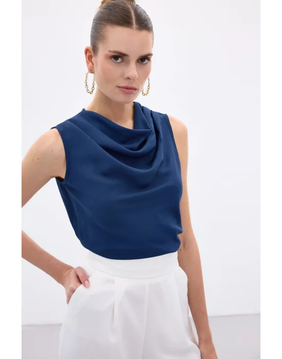 Degaje Yaka Kolsuz Bluz - İndigo