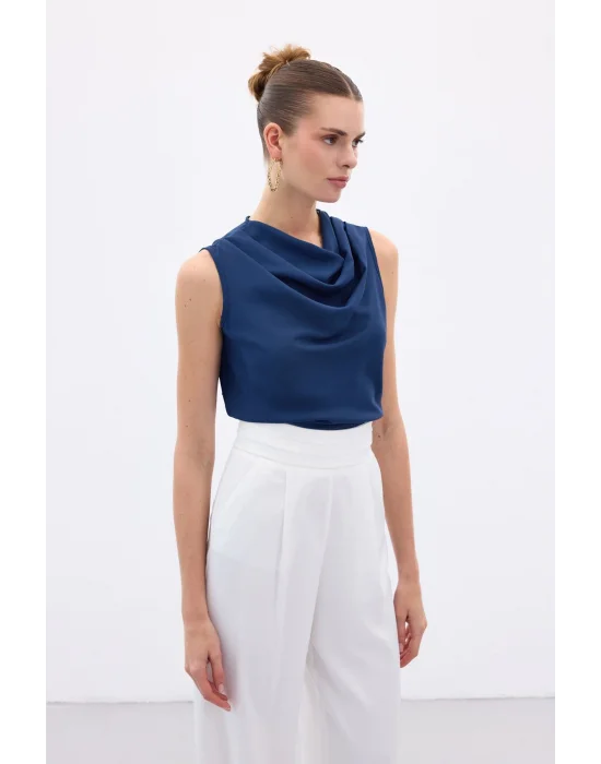 Degaje Yaka Kolsuz Bluz - İndigo