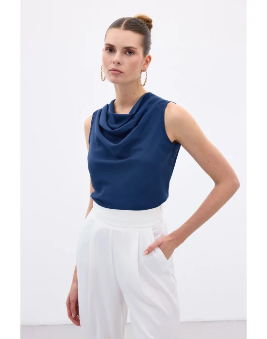 Degaje Yaka Kolsuz Bluz - İndigo