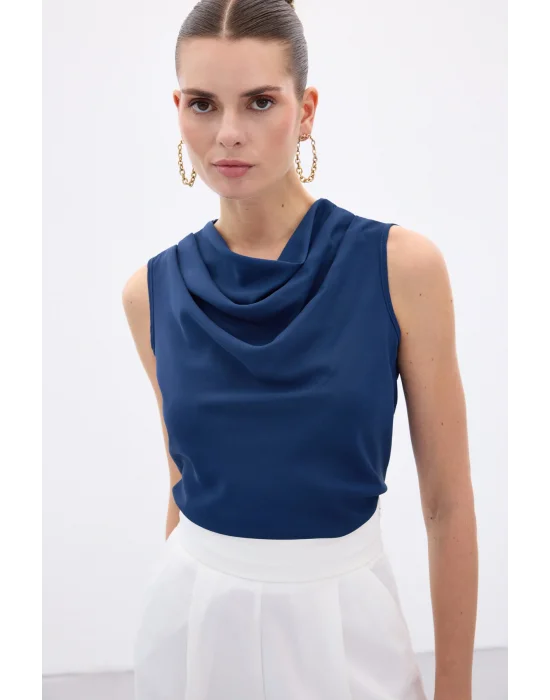 Degaje Yaka Kolsuz Bluz - İndigo