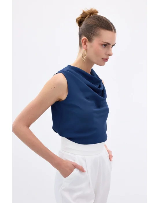 Degaje Yaka Kolsuz Bluz - İndigo