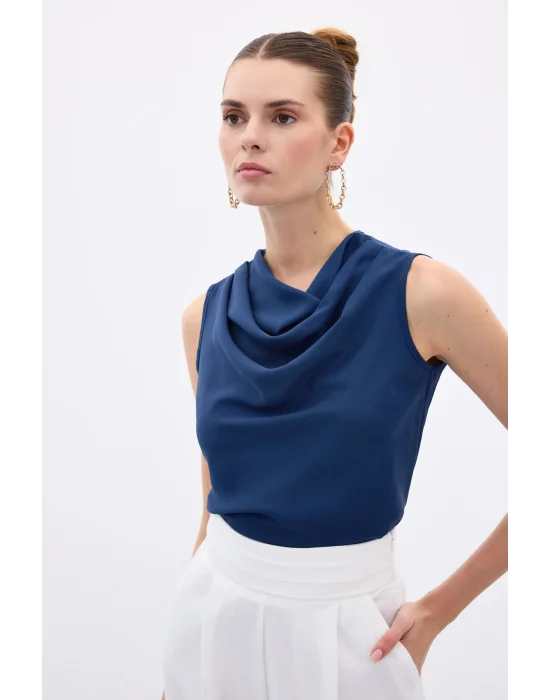 Degaje Yaka Kolsuz Bluz - İndigo