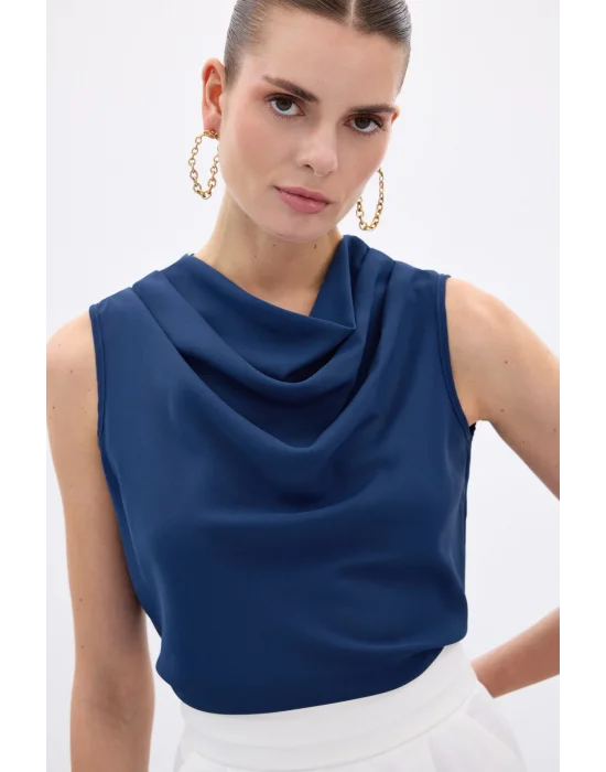 Degaje Yaka Kolsuz Bluz - İndigo