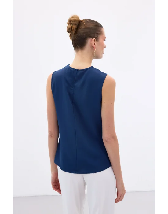 Degaje Yaka Kolsuz Bluz - İndigo