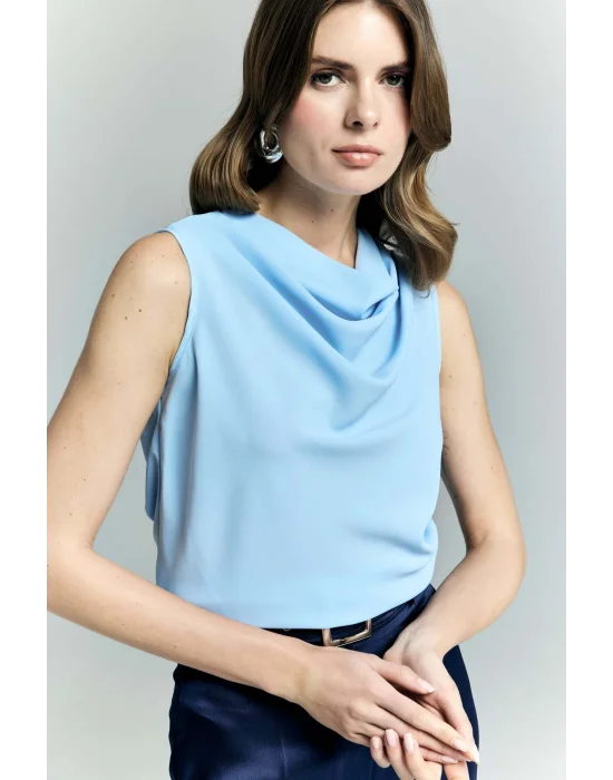 Degaje Yaka Kolsuz Bluz - Mavi