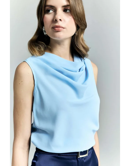 Degaje Yaka Kolsuz Bluz - Mavi