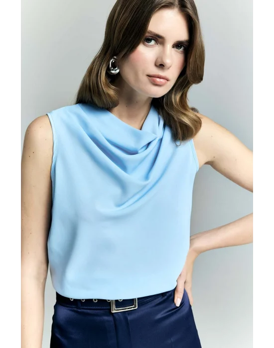 Degaje Yaka Kolsuz Bluz - Mavi