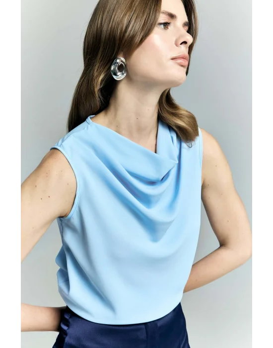 Degaje Yaka Kolsuz Bluz - Mavi