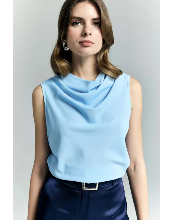 Degaje Yaka Kolsuz Bluz - Mavi