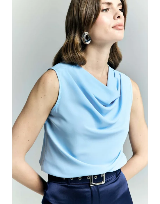 Degaje Yaka Kolsuz Bluz - Mavi